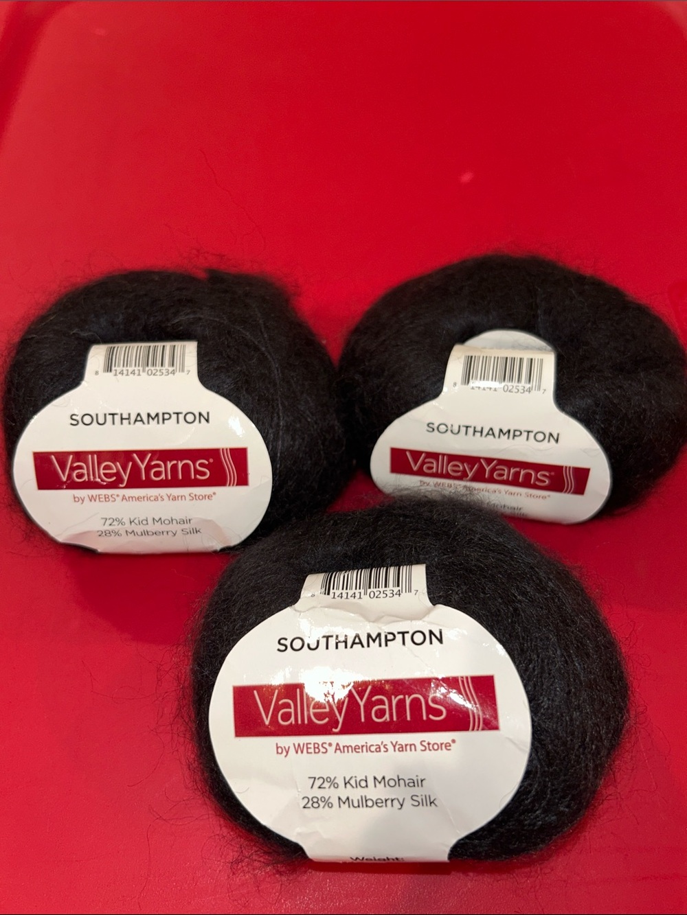 Valley Yarns Southampton Mohair Yarn - Black. 3 skein lot.